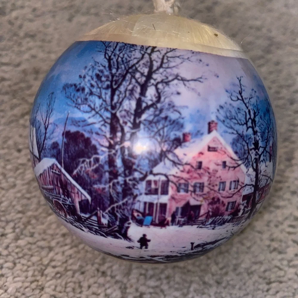 VINTAGE 1975  Christmas SATIN BALL ORNAMENT Winter In The Country Currier & Ives